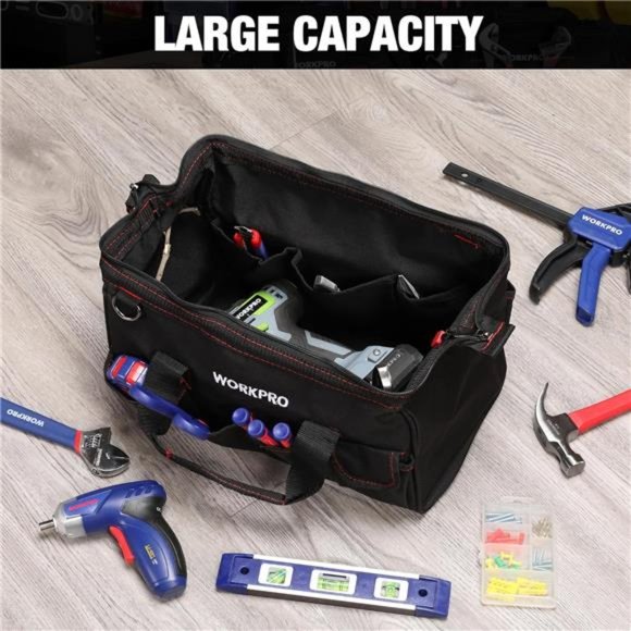 WORKPRO 14" Tool Bag, Multi-pocket Tool Organizer with Adjustable Strap , black - Picture 7 of 7